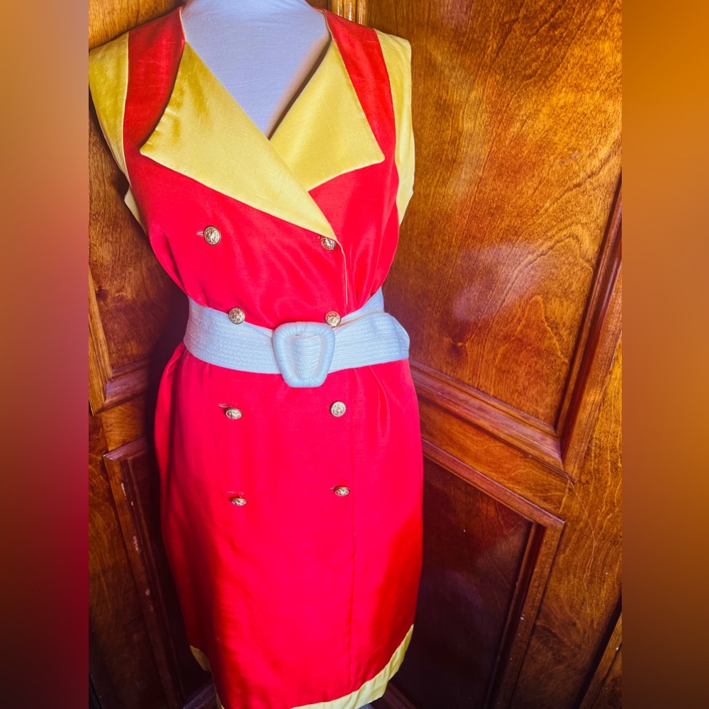 80s Vintage by Elan, double breasted silk dress w/ gold buttons & lapel collar